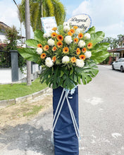Load image into Gallery viewer, Condolences Flower Stand To You (Chrysanthemum Mum, Gerberas, Yellow Peacock, Rainforest Leaves, Snow White)