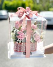 Load image into Gallery viewer, Cake Style Flower Money Box To You (Pink Mixture Flower In Transparent Box Design)

