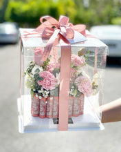 Load image into Gallery viewer, Cake Style Flower Money Box To You (Pink Mixture Flower In Transparent Box Design)