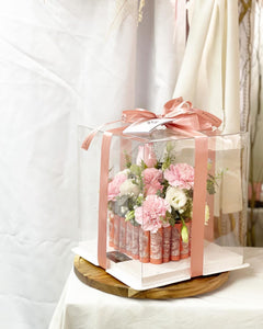 Cake Style Flower Money Box To You (Pink Mixture Flower In Transparent Box Design)