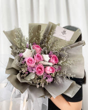 Load image into Gallery viewer, Prestige Bouquet To You (Cherry Pink Roses Chamomile Greyish Wrap Bouquet To You)