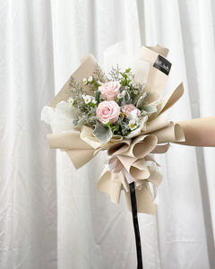 Prestige Bouquet To You (Pink Roses Silver Leaf Design 3 Stalks Style Wrap )