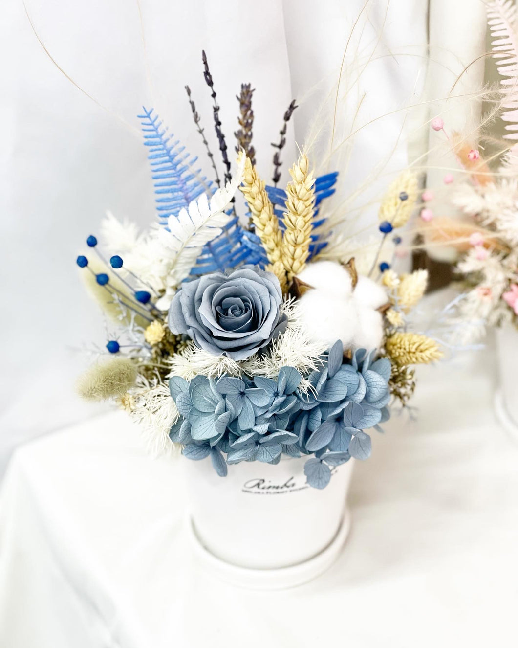 Preserved Flower Vase To You (Preserved Blue Flowers Roses, Cotton Flowers & Assorted Dried Flowers Collection)