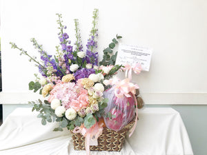 Extravagant Fruit Flower Basket To You (Purple Pink Earth Color Design )