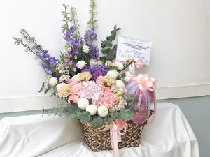 Extravagant Fruit Flower Basket To You (Purple Pink Earth Color Design )