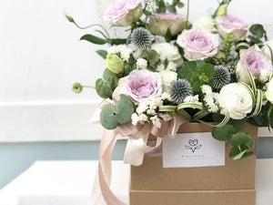 Flower Box To You (Roses, Eustoma, Echinops, Eucalyptus, Thalapsi, Greens)