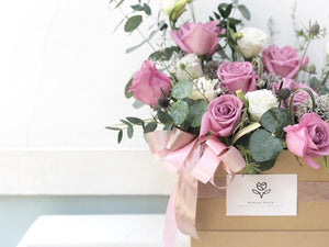 Flower Box To You (Roses, Eucalyptus, Statice, Casphia, Eryngium, Bear Grass)