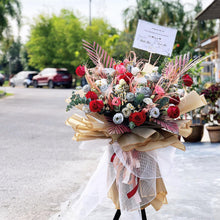 Load image into Gallery viewer, Congratulations Flower Stand To You : Roses, Chamomile, Eucalyptus, Stipa, Fish Tail, Palm Leaves
