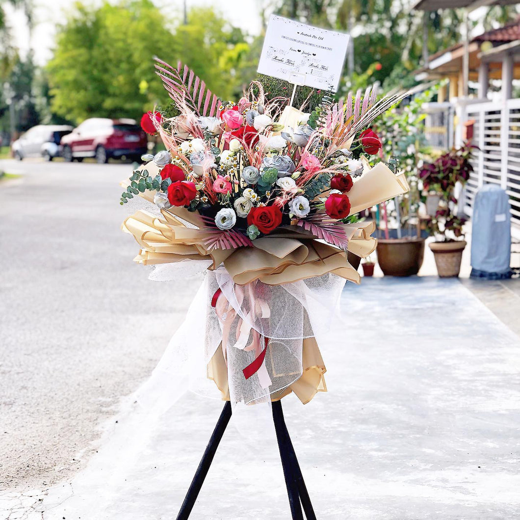 Congratulations Flower Stand To You : Roses, Chamomile, Eucalyptus, Stipa, Fish Tail, Palm Leaves