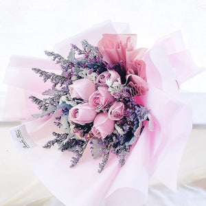 Prestige Wrap Bouquet (Roses, Silver Leaf, Wheat, Casphia)