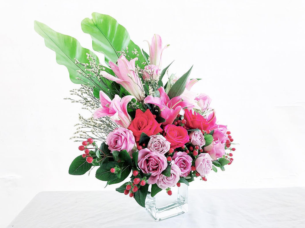 Vase Floral Arrangement To You (Roses, Lily, Berry, Casphia, Bird Nest Leaves)