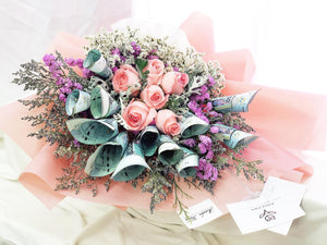 Prestige Money Flower Bouquet To You (Roses, Silver Leaf, Statice, Casphia)
