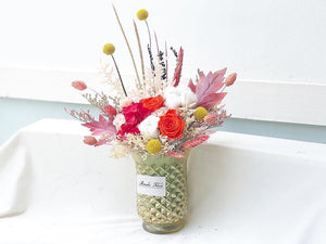 Preserved Flowers Vase To You (3 Roses + Hydrangea Design Chili Red Yellow)