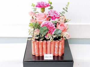 Cake Style Flower Money Box To You (Pink Mixture Flower In Black Box Design)