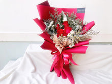 Load image into Gallery viewer, Prestige Wrap Roses To You (Red, Eucalyptus, Statice, Casphia)
