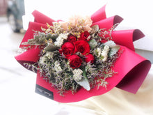 Load image into Gallery viewer, Prestige Wrap Roses To You (Red, Eucalyptus, Statice, Casphia)
