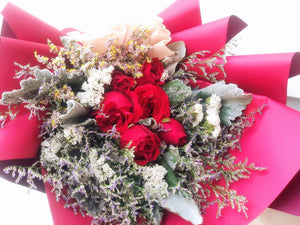 Prestige Wrap Roses To You (Red, Eucalyptus, Statice, Casphia)