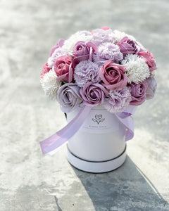 Everlasting Soap Flower Box To You - 33 Roses (Roses & Carnation Pastel Lilac Purple)