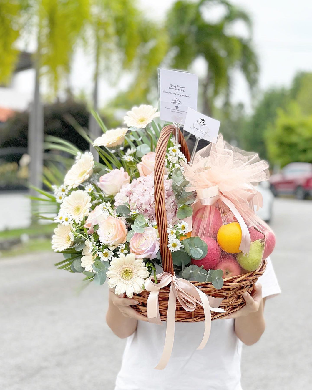 Extravagant Fruit Flower Basket To You (Soft Pastel Coral Pink Color Design )