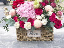 Load image into Gallery viewer, Flower Basket To You (Hydrangea, Roses, Ping Pong, Eustoma, Eucalytus)
