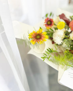 Premium Prestige Bouquet To You  (Dahlia, Marigold, Eustoma, Craspedia, Autumn Leave,   Design)( Standard Size)
