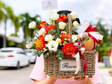 Load image into Gallery viewer, Fruit Flower Basket To You (Roses,  Eustoma, Wax Flower, Eucalytus)
