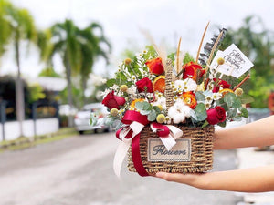 Flower Basket To You (Roses,  Eustoma, Dried Fruits , Craspedia, Pampas, Eucalytus)