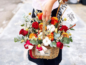 Flower Basket To You (Roses,  Eustoma, Dried Fruits , Craspedia, Pampas, Eucalytus)