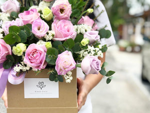 Flower Box To You  (Fluffy Eustoma Roses Soft Pink Purple Design)