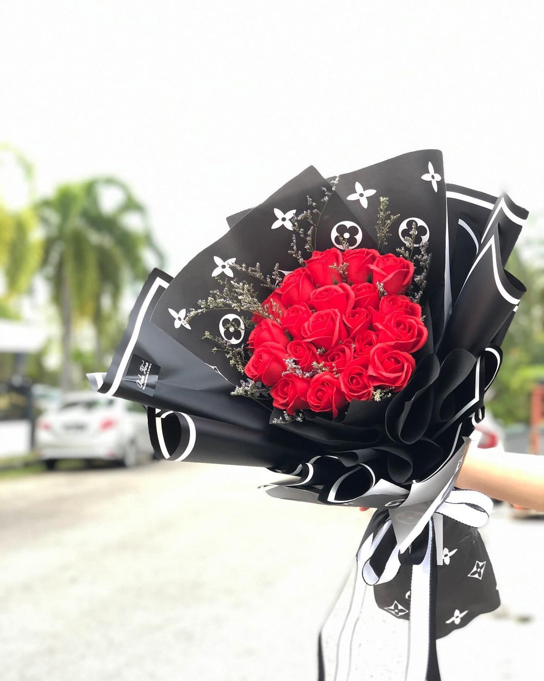 Exclusive LV Wrap Flower Bouquet To You (Everlasting Red Soap Flower-  18 Stalks  Black Design)