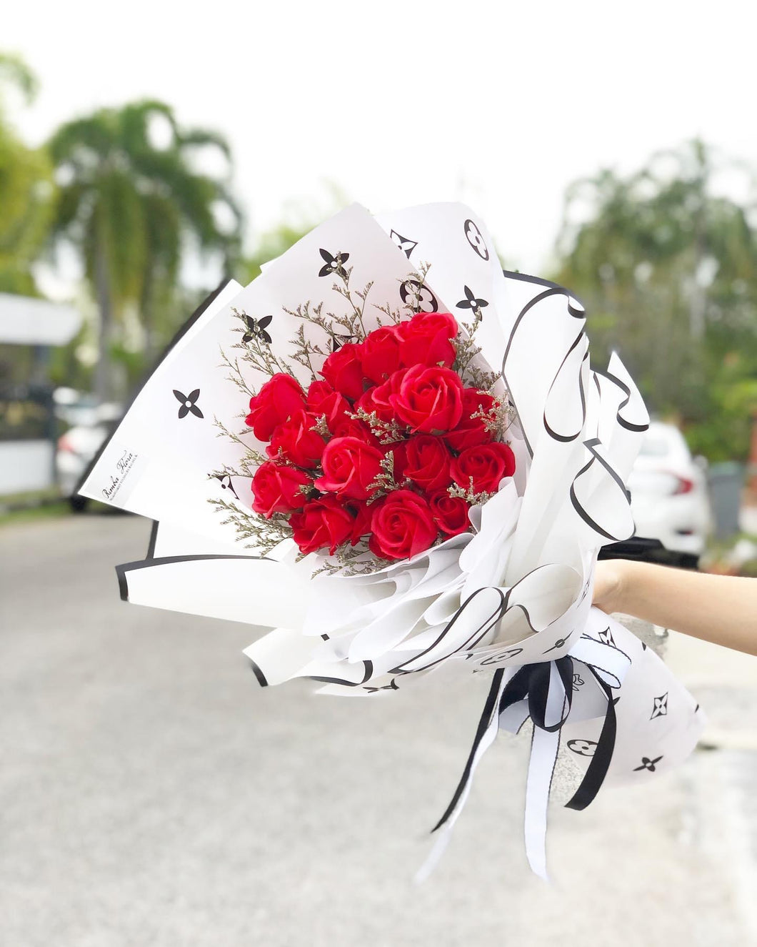 Exclusive LV Wrap Flower Bouquet To You (Everlasting Red Soap Flower- 18 Stalks White Design)