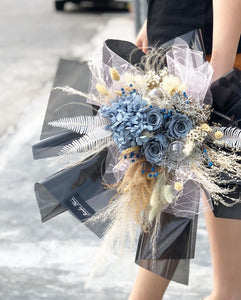 Prestige Wrap  Preserved Roses To You (3 Roses & Hydrangea Deep Blue Design)