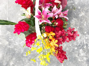 Extravagant Fruit Flower Basket To You (Lily, Ginger, Assorted Orchids & Roses Design)