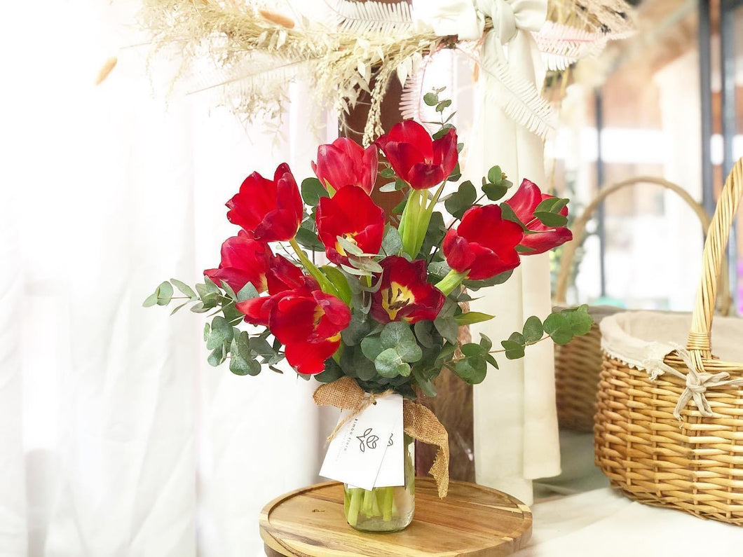 Flower Jar To You (Red Tulip Eucalyptus Jar Design)