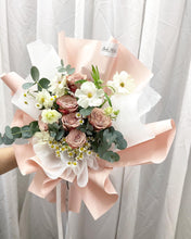 Load image into Gallery viewer, Premium Prestige Bouquet To You (Cappuccino Roses, Chamomile, Butterfly Ranunculus,  Eucalyptus Style Wrap )
