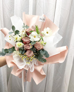 Premium Prestige Bouquet To You (Cappuccino Roses, Chamomile, Butterfly Ranunculus,  Eucalyptus Style Wrap )