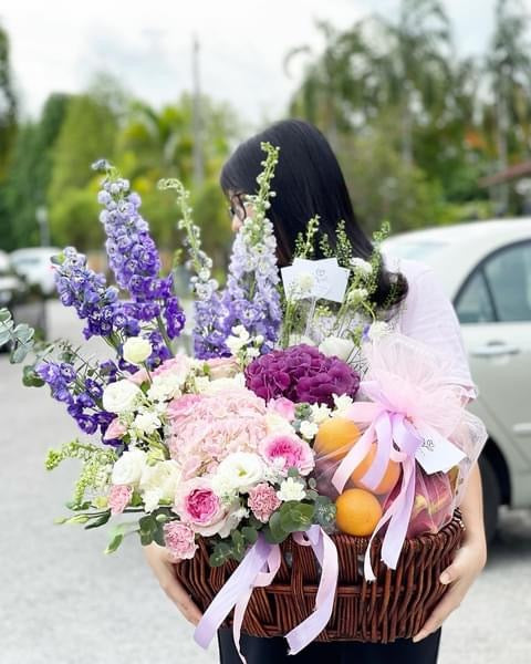 Extravagant Fruit Flower Basket To You (Purple Pink Color Design )