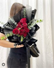 Load image into Gallery viewer, Valentines Prestige  Style Wrap Bouquet To You -10 Kenya Roses Eucalyptus Design
