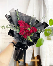 Load image into Gallery viewer, Valentines Prestige  Style Wrap Bouquet To You -10 Kenya Roses Eucalyptus Design
