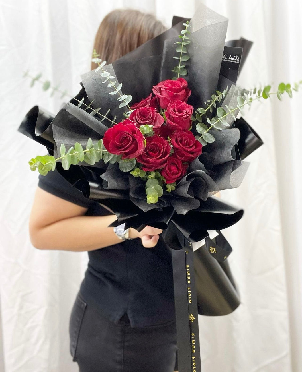 Valentines Prestige  Style Wrap Bouquet To You -10 Kenya Roses Eucalyptus Design