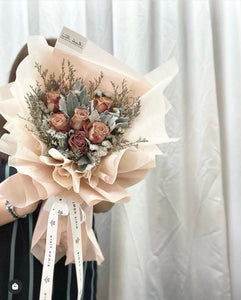 Valentines Prestige  Style Wrap Bouquet To You -6 Cappuccino Roses Silver Leaf Design