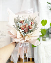 Load image into Gallery viewer, Valentines Prestige  Style Wrap Bouquet To You -6 Cappuccino Roses Silver Leaf Design
