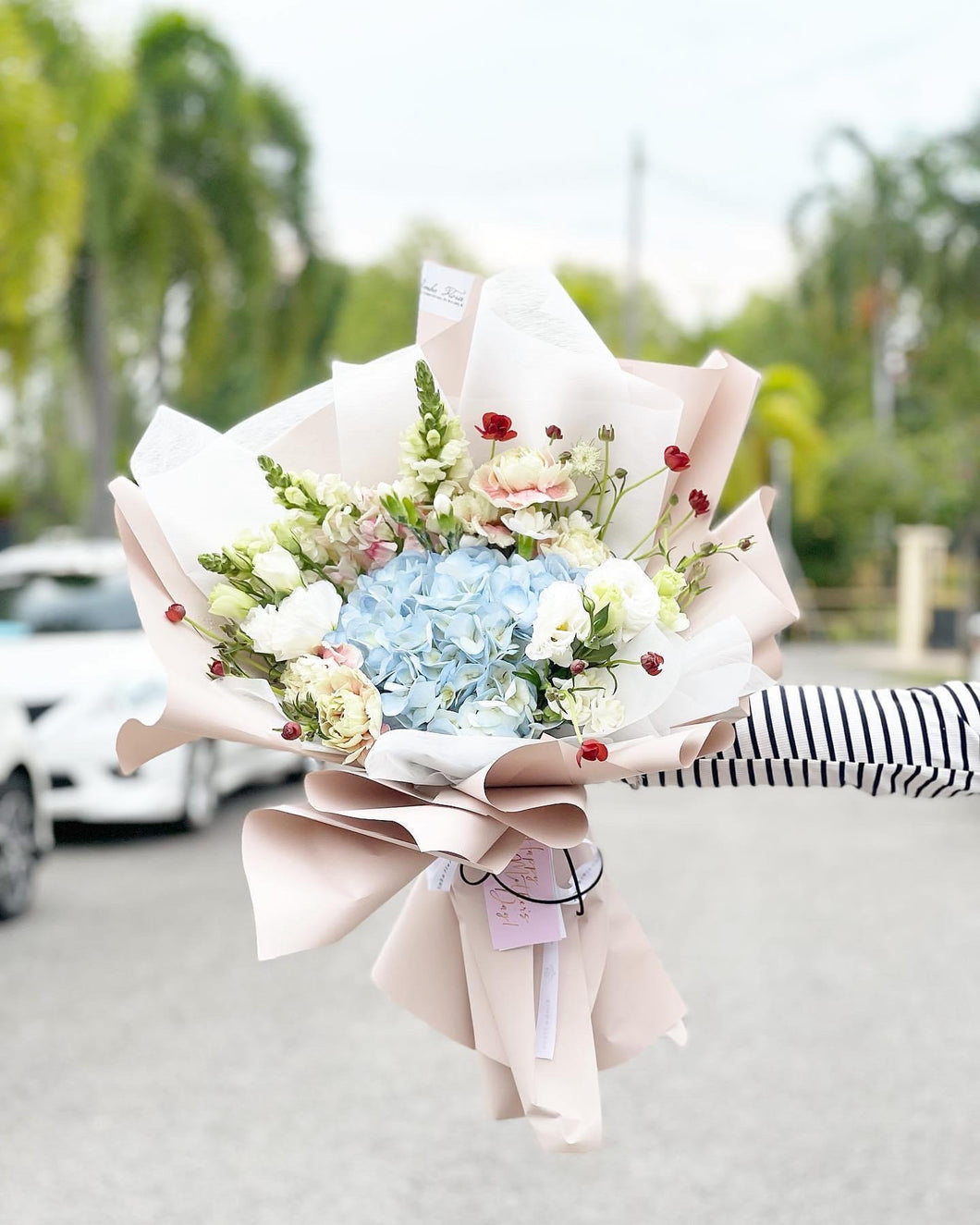 Prestige Bouquet To You (Hydrangea, Carnation Snapdragon Soft Brown Wrap Design)