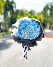 Load image into Gallery viewer, Everlasting Soap Flower Bouquet To You -12 Roses Blue White Lacey Design)
