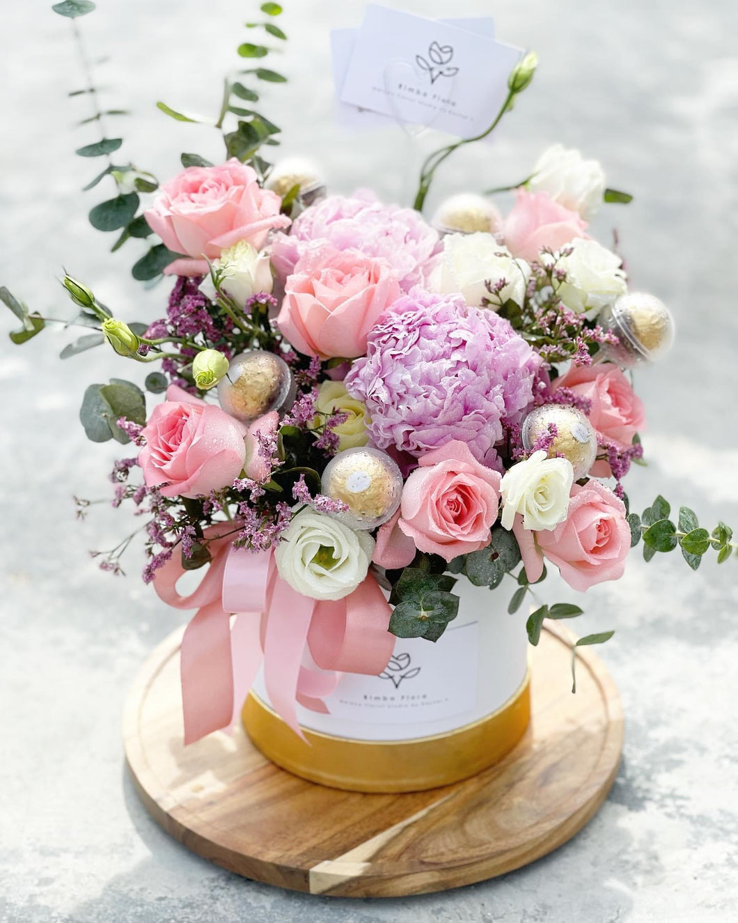 Flower Box To You  (Pastel Pink Peony Roses & Ferraro Rocher Design)