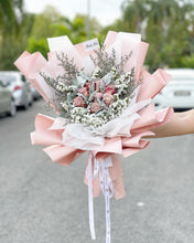 Load image into Gallery viewer, Prestige Bouquet To You  (9 Cappuccino Roses with Eucalyptus Design Pink Wrap Design)
