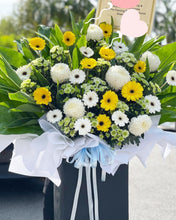 Load image into Gallery viewer, Condolences Flower Stand To You (Chrysanthemum Mum, Chrysanthemum Spray, Gerberas, Rainforest Leaves, Snow White)
