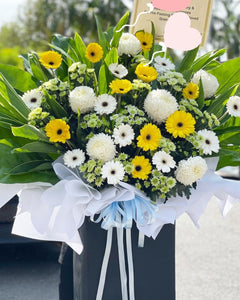 Condolences Flower Stand To You (Chrysanthemum Mum, Chrysanthemum Spray, Gerberas, Rainforest Leaves, Snow White)