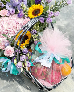 Extravagant Fruit Flower Basket To You (Purple Yellow Pink Earth Color Design )