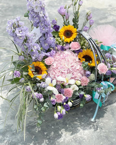 Extravagant Fruit Flower Basket To You (Purple Yellow Pink Earth Color Design )